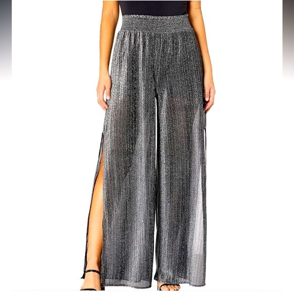 Ramy Brook Pants - NWT Ramy Brook Pleated Athena Pants Black with Silver Metallic Knit Wide-Leg